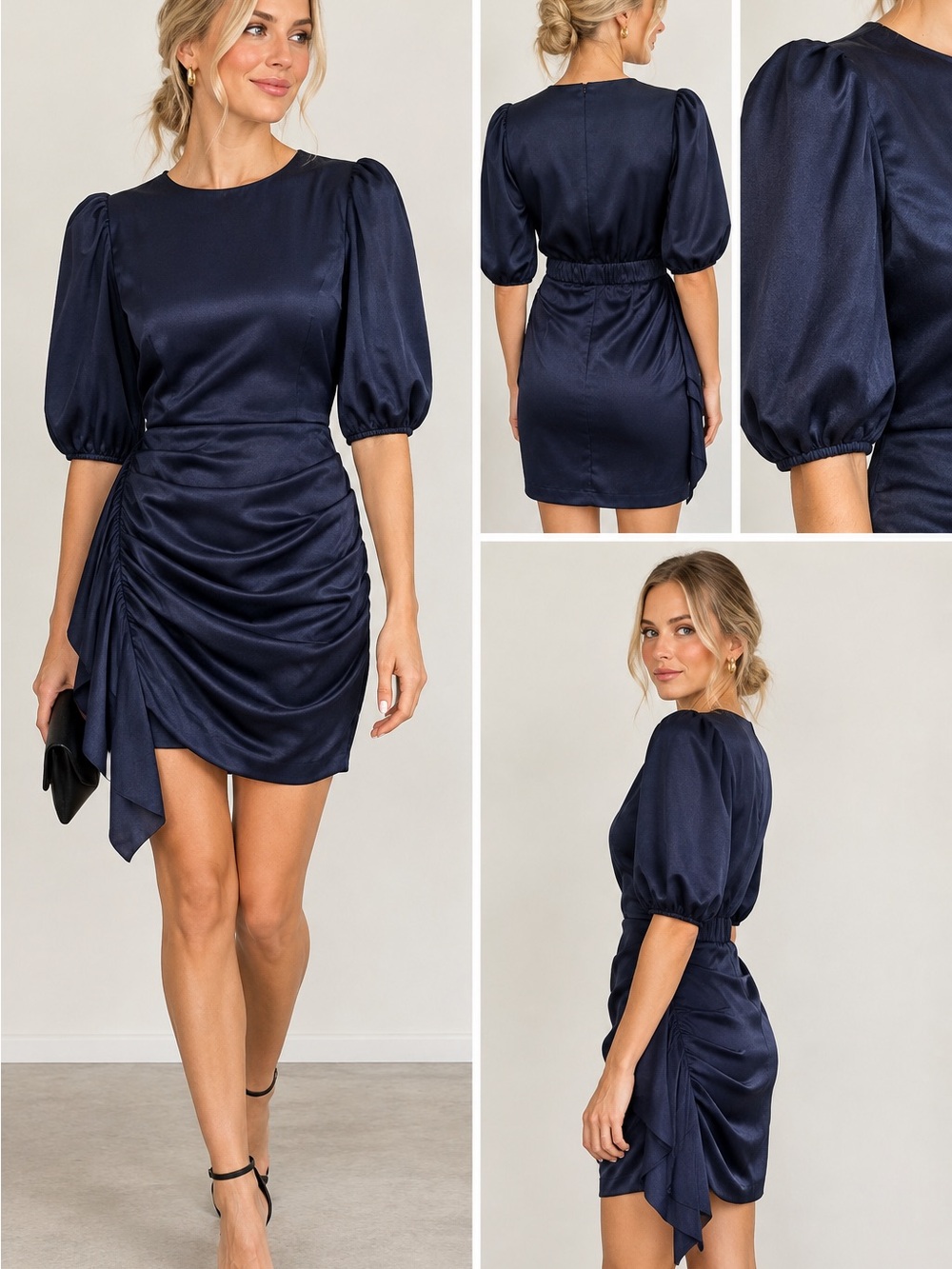 Lavender Brown Skyla Navy Satin Ruched Mini Dress NWT Small $228